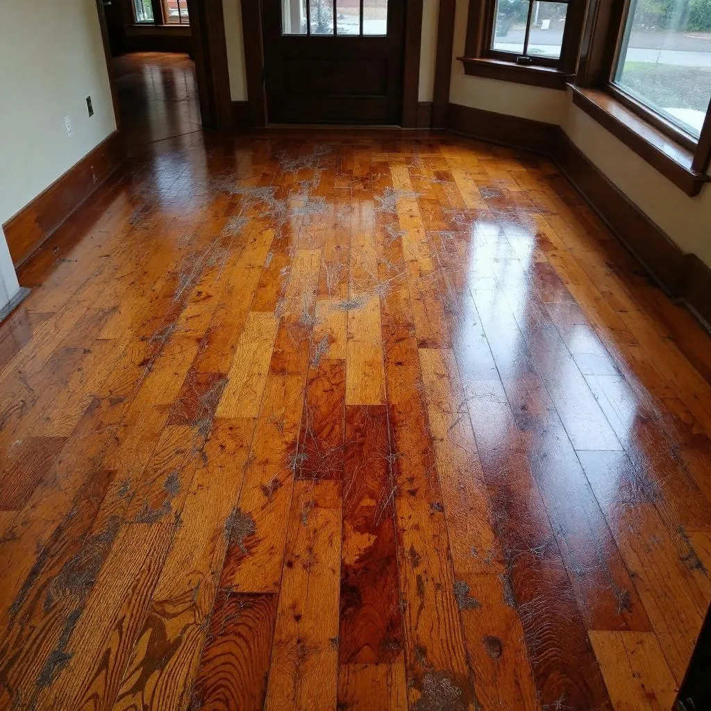 Before: scratched worn hardwood floors in Spokane home