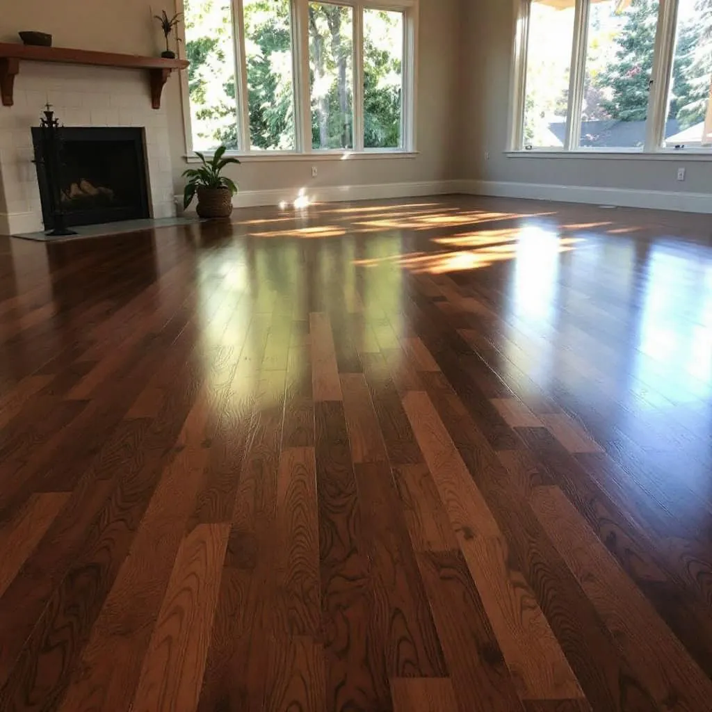 Refinished dark walnut hardwood floors in a Spokane South Hill Craftsman living room
