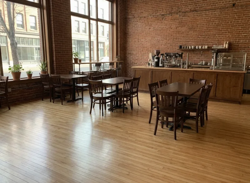 Refinished maple strip floor in a coffee shop with exposed brick walls
