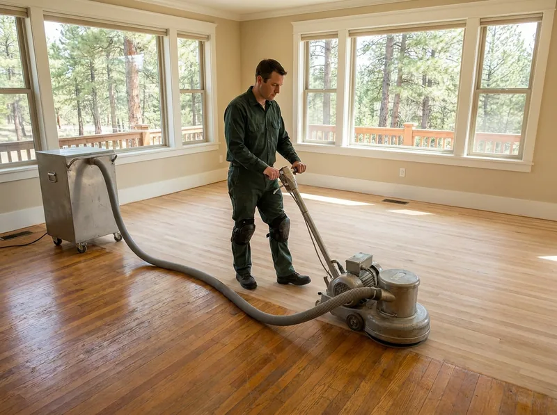 Drum sander connected by a hose to a dust extraction vacuum on a half-sanded oak floor