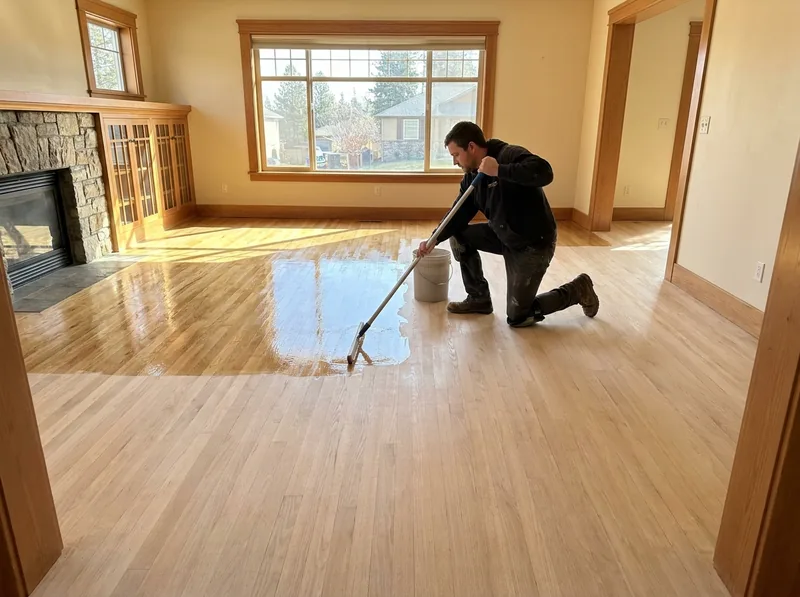 Clear finish coat being spread with a T-bar applicator on a freshly sanded oak floor