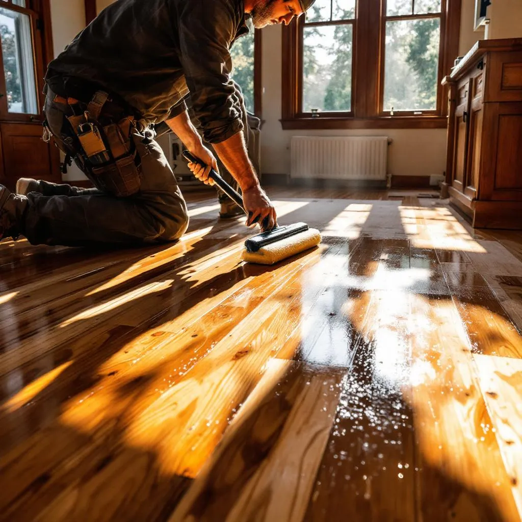 Polyurethane finish coat being applied to hardwood floors in Spokane