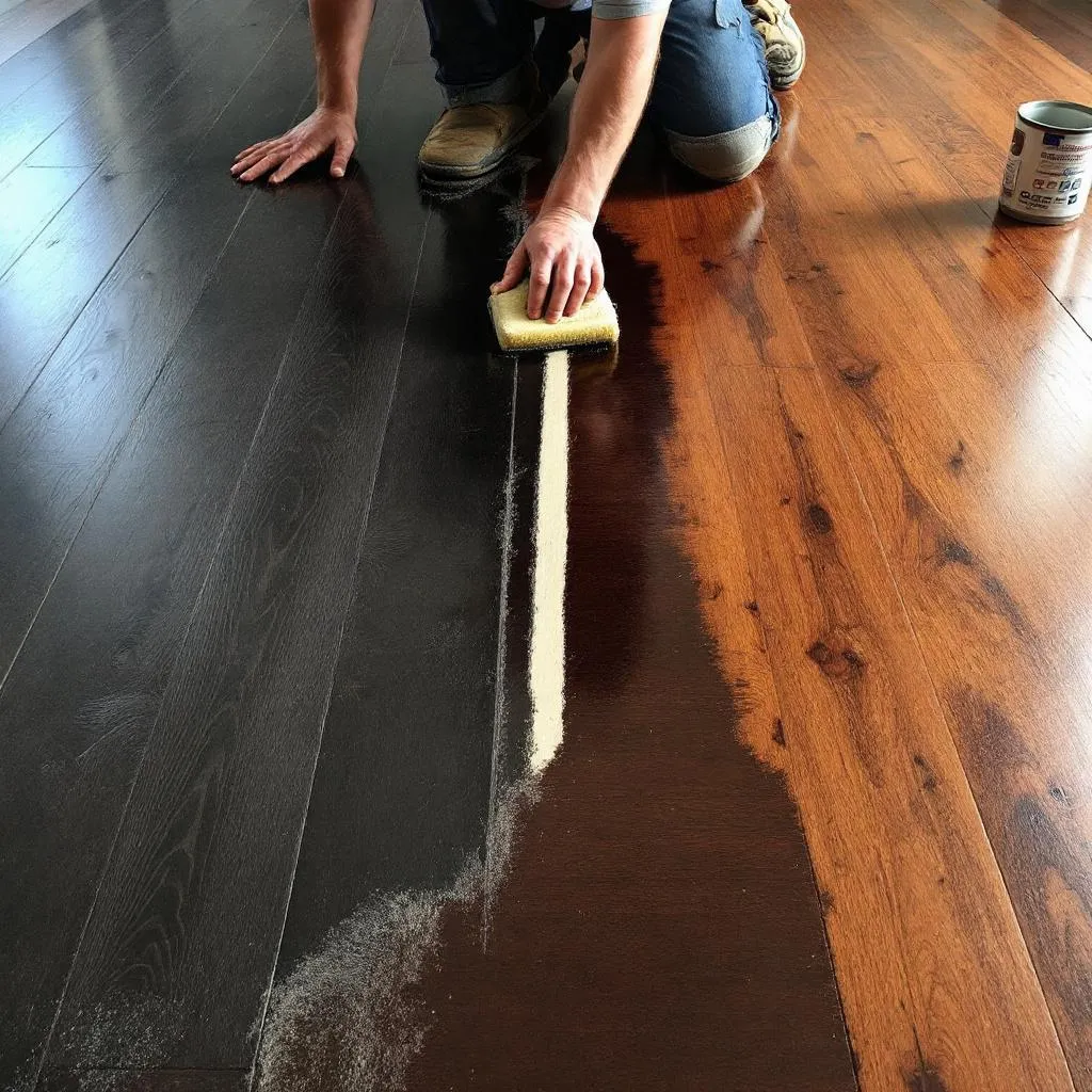 Custom stain being applied to hardwood floors in Spokane